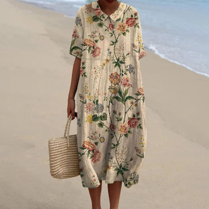 Women's Vintage Floral Art Print Pocket Linen Dress（Convertible Dress With Front And Back Option）