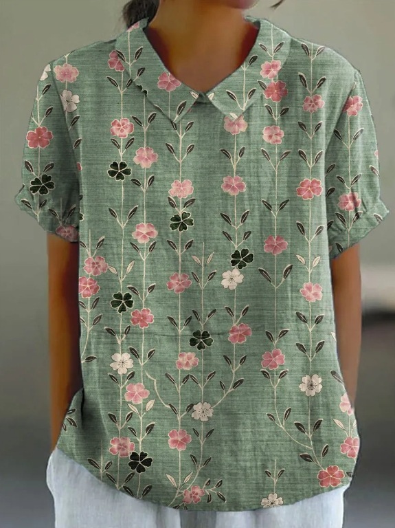 Women's Retro Floral Print Cotton Linen Casual Shirt