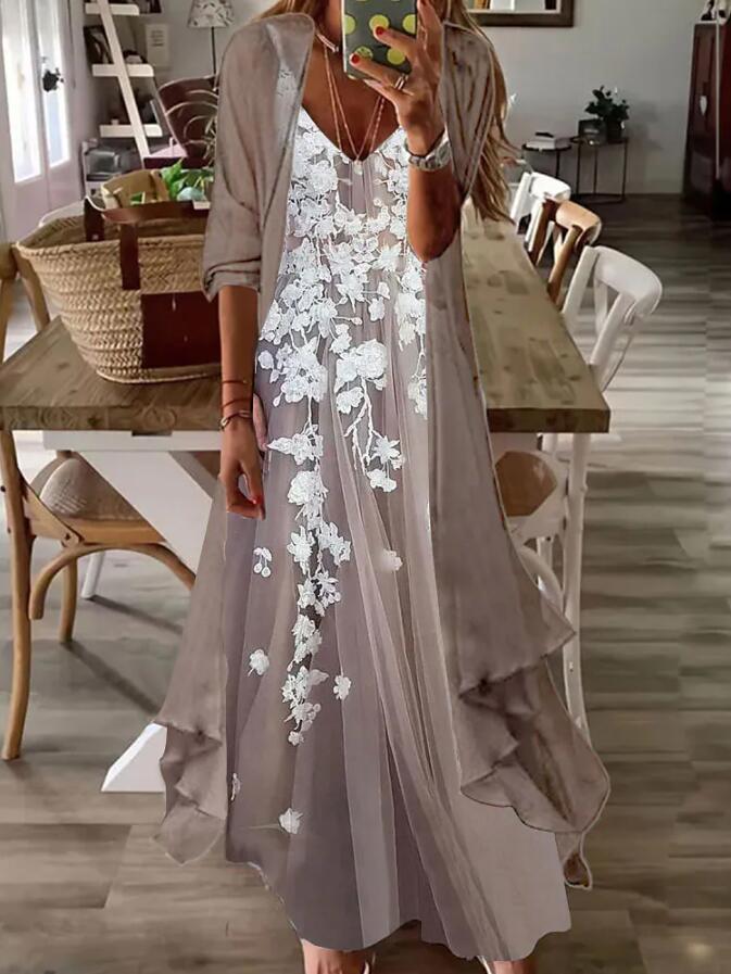 V-neck Half Sleeve Embroidery Floral Two-Piece Jacket Maxi Dress
