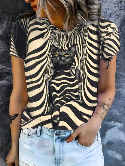 Women's Halloween Black Cat Stripes Print Casual Tee