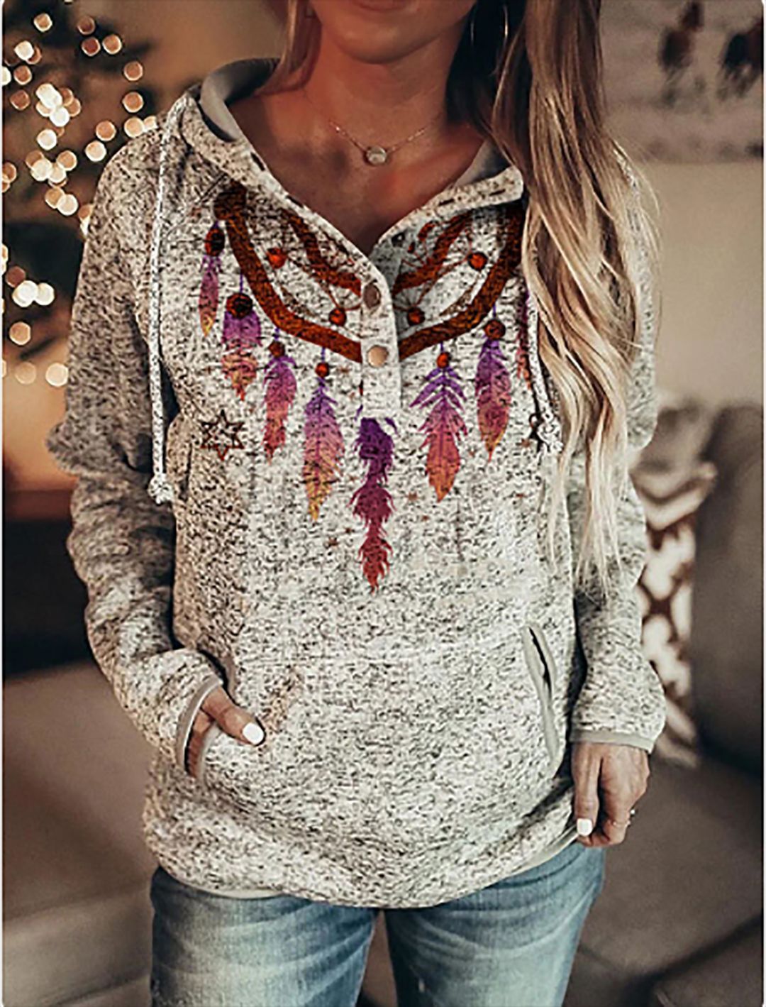 Women Retro Printed Pullover Hoodie, Casual Retro Floral Print Hooded Sweatshirt
