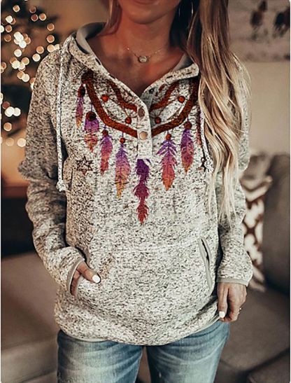 Women Retro Printed Pullover Hoodie, Casual Retro Floral Print Hooded Sweatshirt