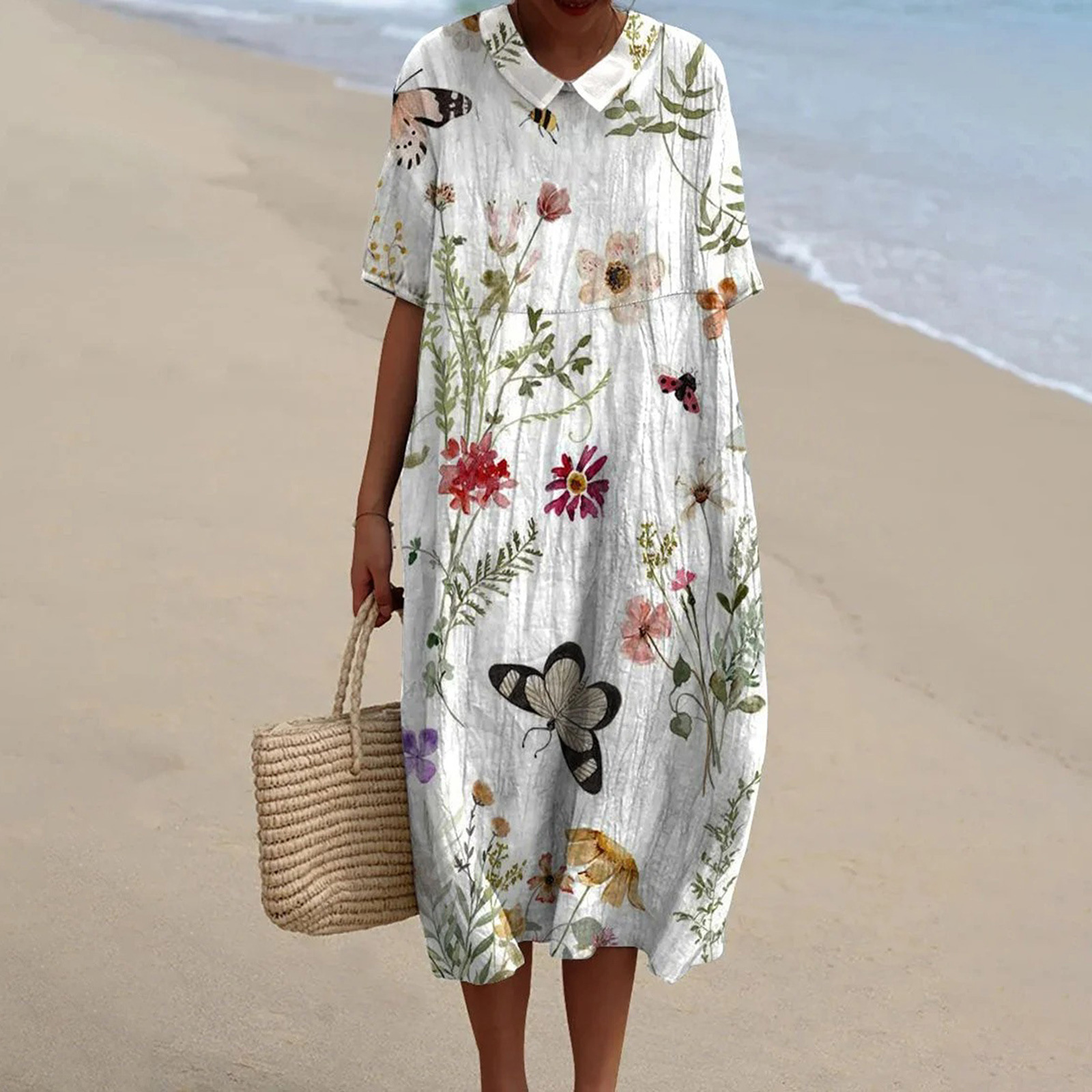 Women's Vintage Floral Art Print Pocket Linen Dress（Convertible Dress With Front And Back Option）