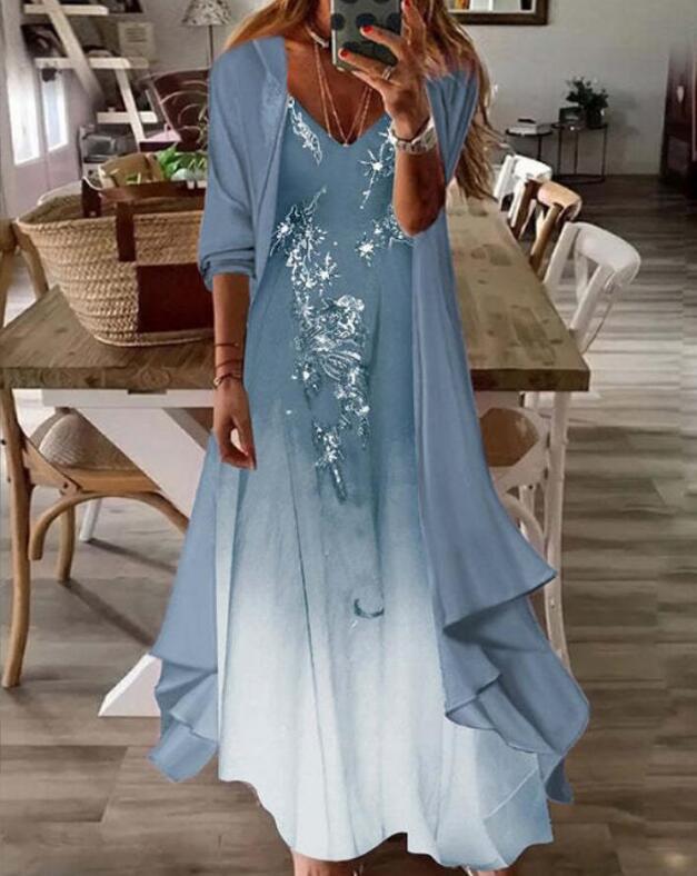 V-neck Half Sleeve Embroidery Floral Two-Piece Jacket Maxi Dress