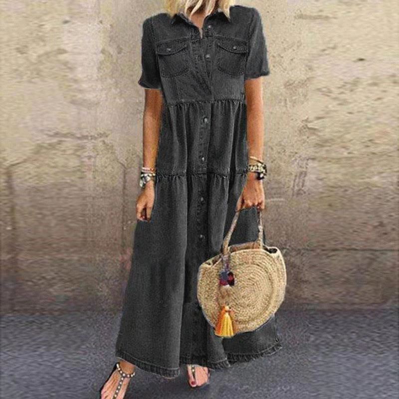 Elegant Denim Floral Print Long Dress