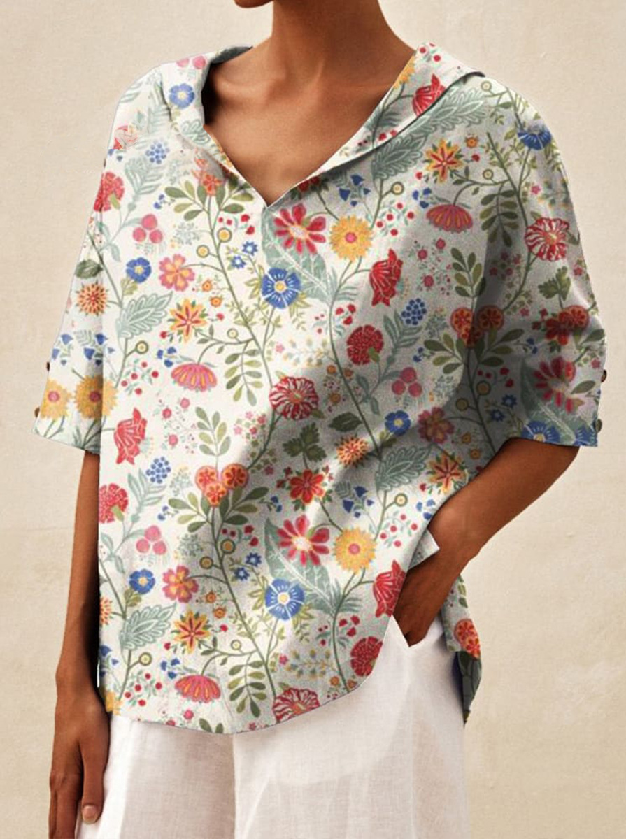 Women' Vintage Floral Art Print Casual V-neck Shirt