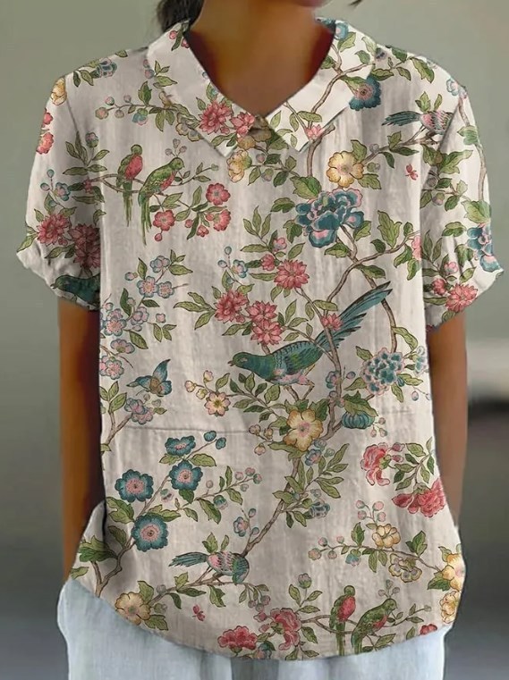 Women's Retro Floral Print Cotton Linen Casual Shirt