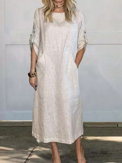 Women's Cotton Linen Double Side Pocket Long Dress