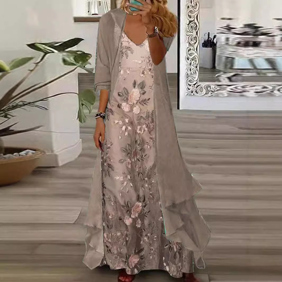 V-neck Half Sleeve Embroidery Floral Two-Piece Jacket Maxi Dress