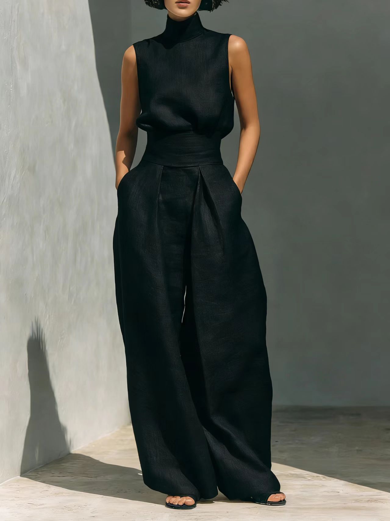 Women's Minimalist Cotton And Linen Blend Sleeveless Blouse And Wide-leg Pants Set MDZ0873A5Y