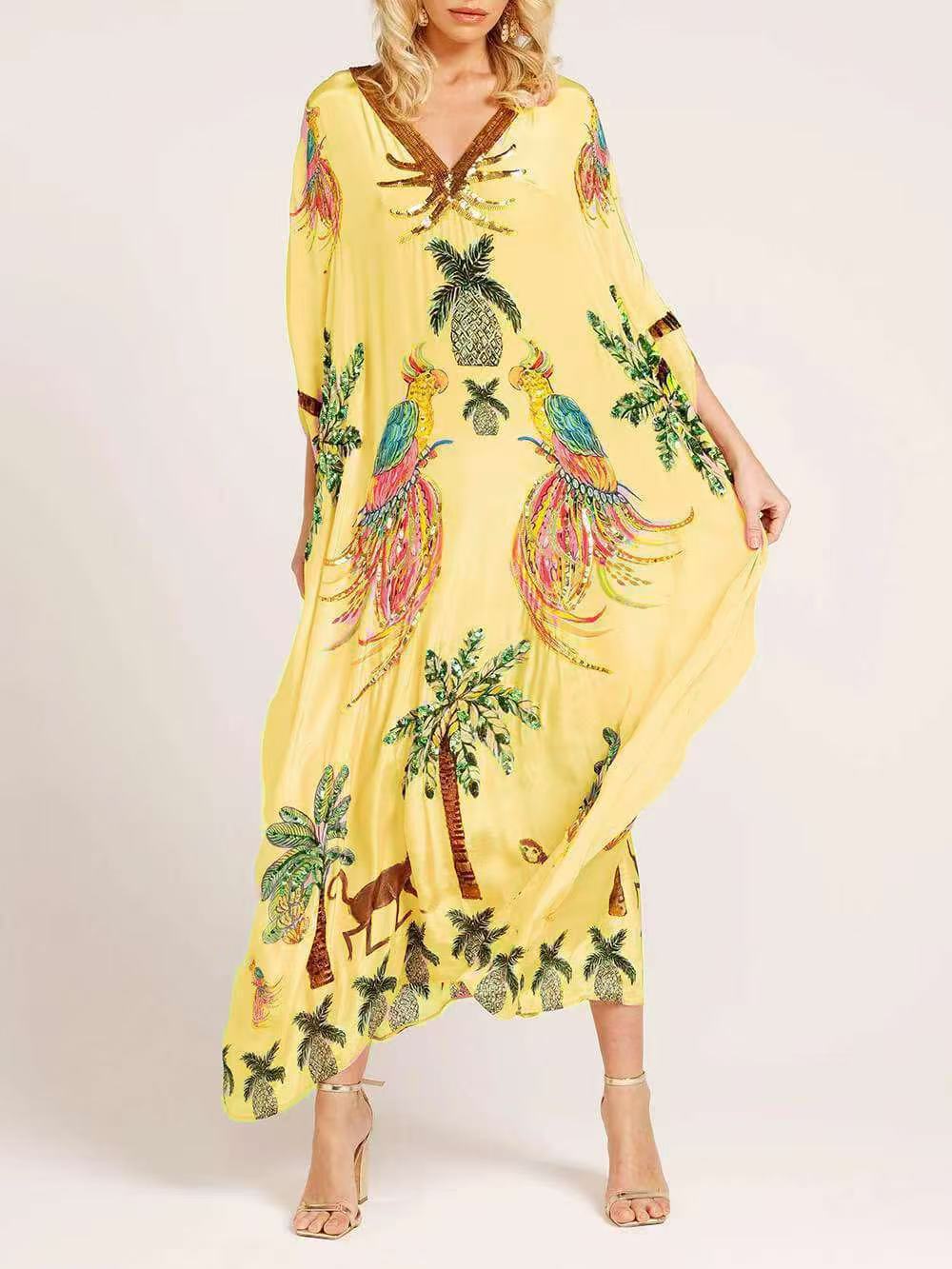 Unique Drop Shoulder Sleeve Coconut Tree Printed Dress