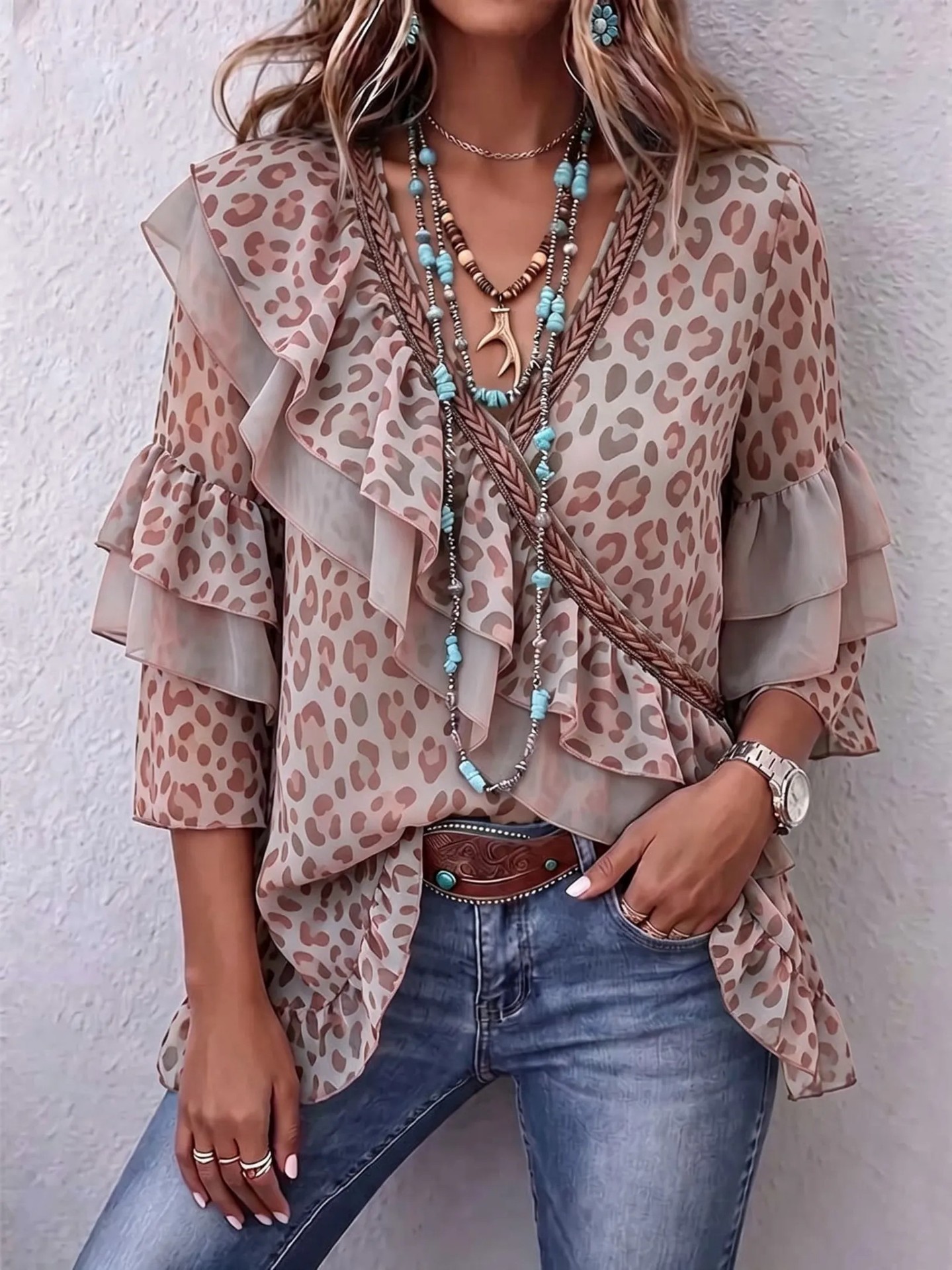 Women's Leopard Print V-Neck Ruffled 3/4 Sleeve Western Boho Blouse
