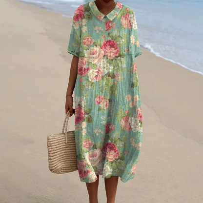 Women's Vintage Floral Art Print Pocket Linen Dress（Convertible Dress With Front And Back Option）