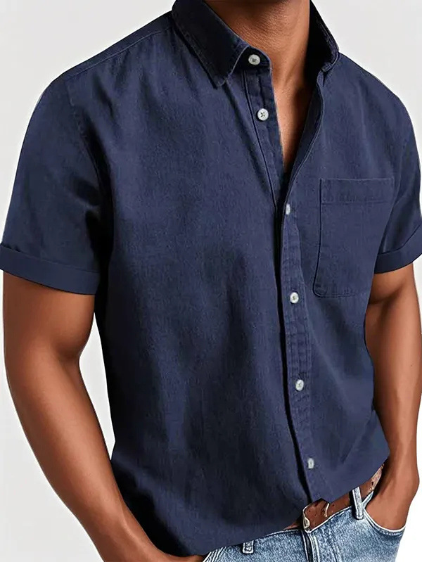 Men's Classic Vintage Washed Gentleman Casual Pocket Short Sleeve Shirt