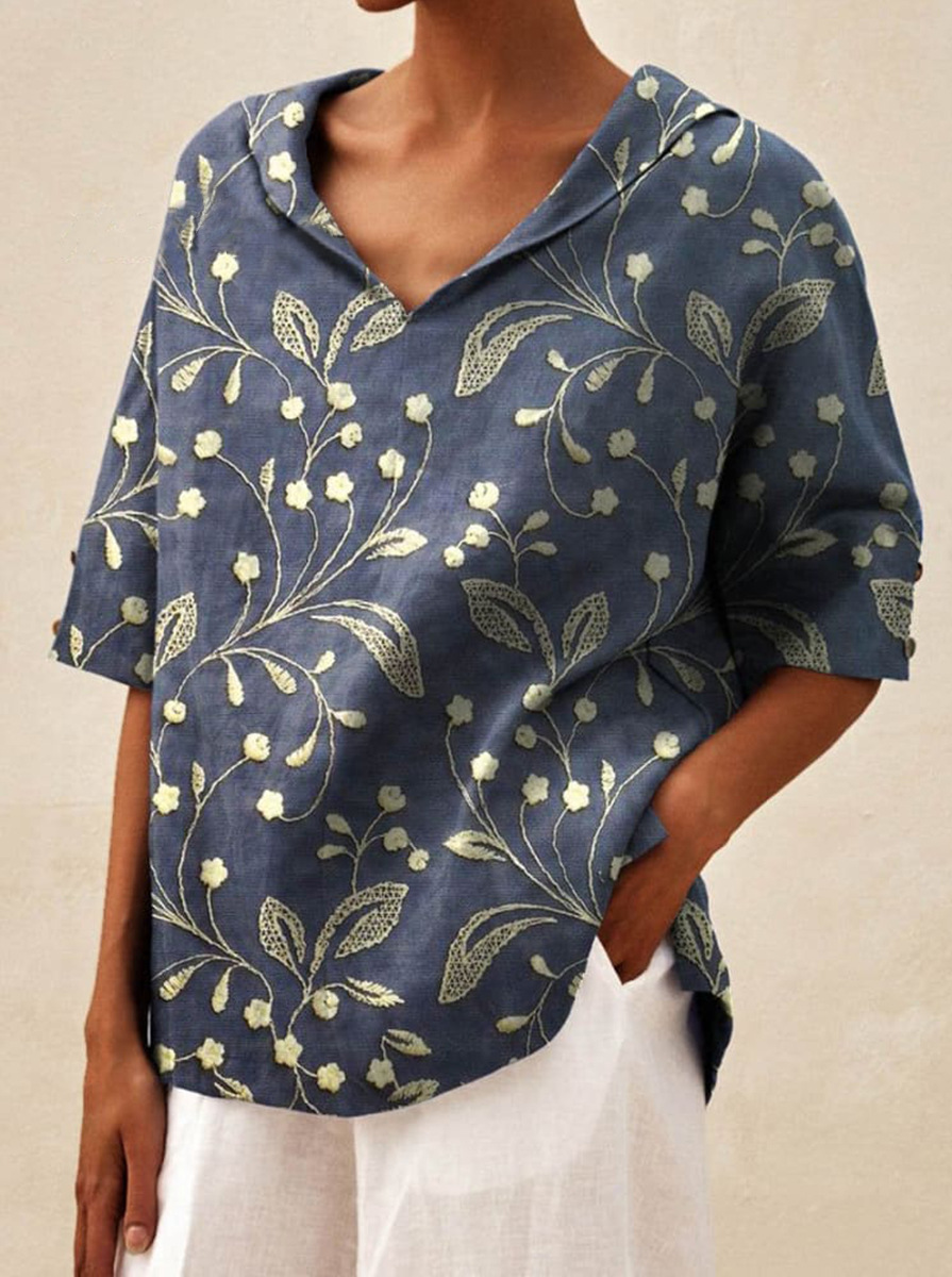 Women' Vintage Floral Art Print Casual V-neck Shirt
