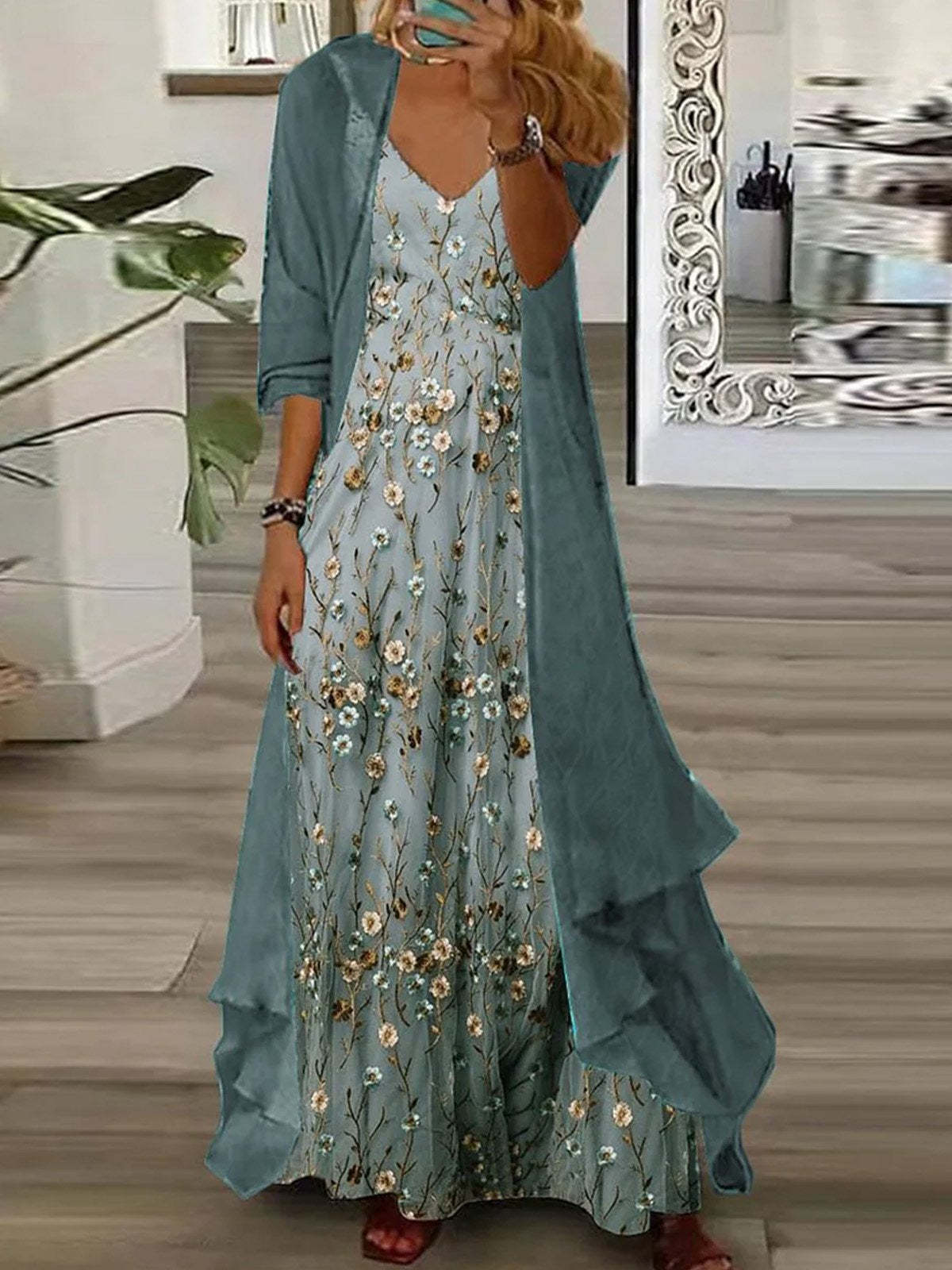 V-neck Half Sleeve Embroidery Floral Two-Piece Jacket Maxi Dress