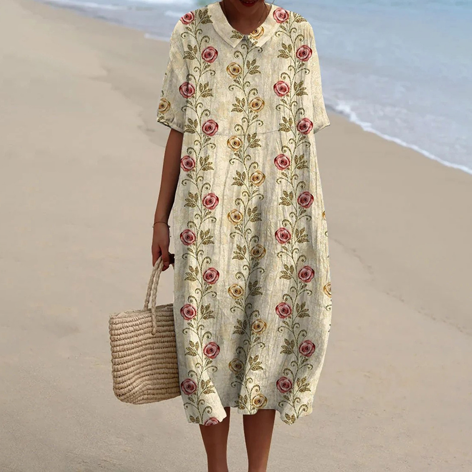 Women's Vintage Floral Art Print Pocket Linen Dress（Convertible Dress With Front And Back Option）