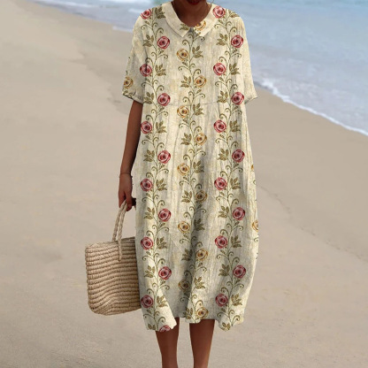 Women's Vintage Floral Art Print Pocket Linen Dress（Convertible Dress With Front And Back Option）