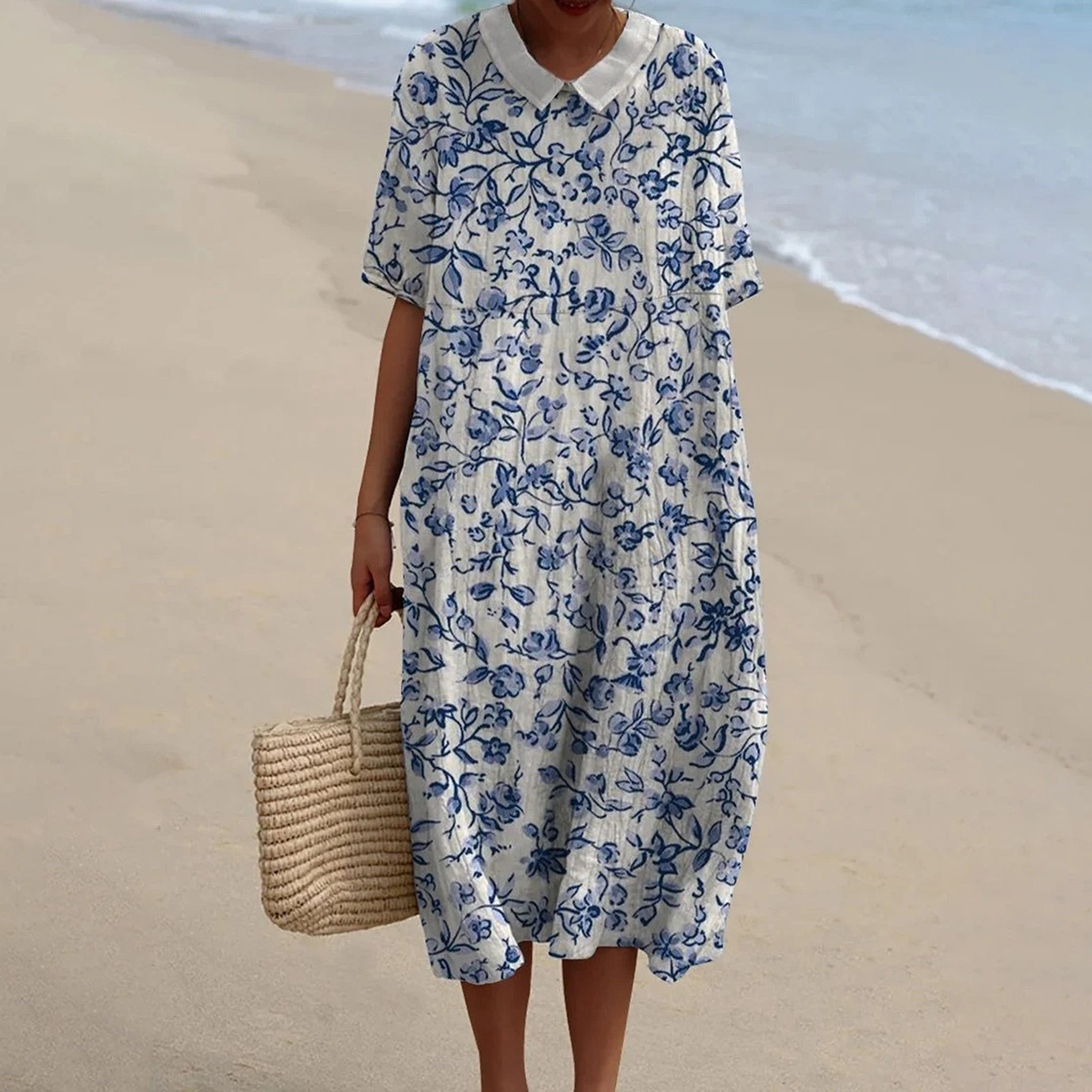 Women's Vintage Floral Art Print Pocket Linen Dress（Convertible Dress With Front And Back Option）