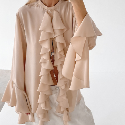 Chiffon White Ruffled Shirts For Women Flare Sleeve Oversize Laminated Flounces Elegant Blouses And Tops Spring 2024