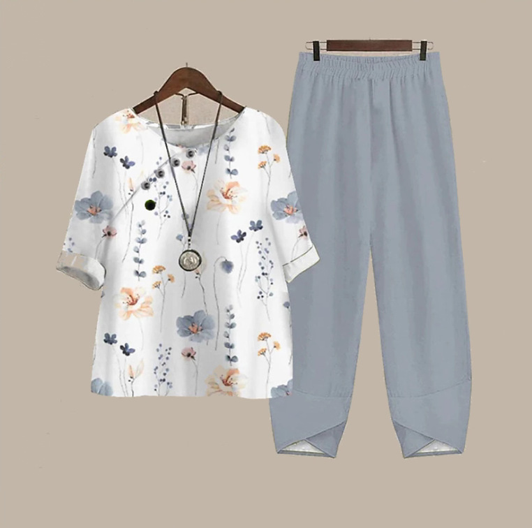 Women's Floral Leaf Two-Piece Set Light Blue Casual Summer Top with Pants