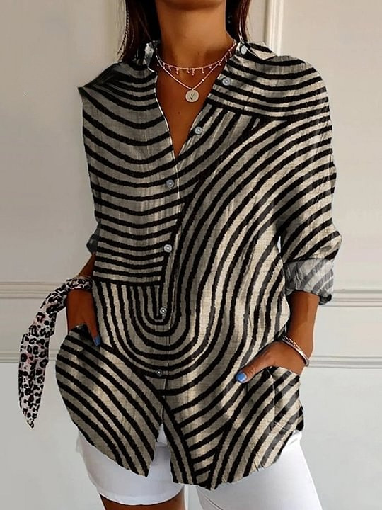 WOMEN'S ABSTRACT LINE COTTON LINEN SHIRT