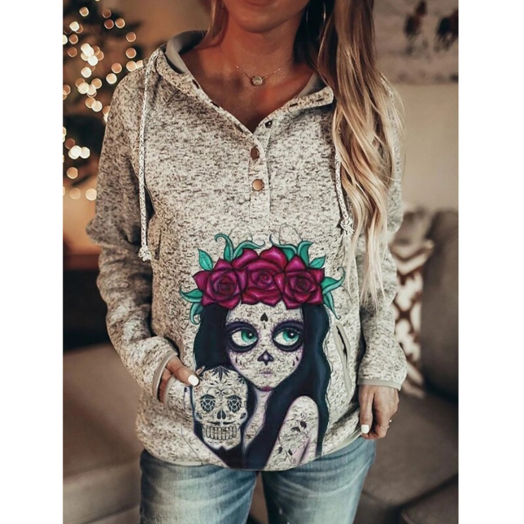 Women Retro Printed Pullover Hoodie, Casual Retro Floral Print Hooded Sweatshirt