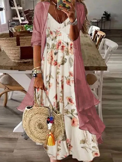 V-neck Half Sleeve Embroidery Floral Two-Piece Jacket Maxi Dress