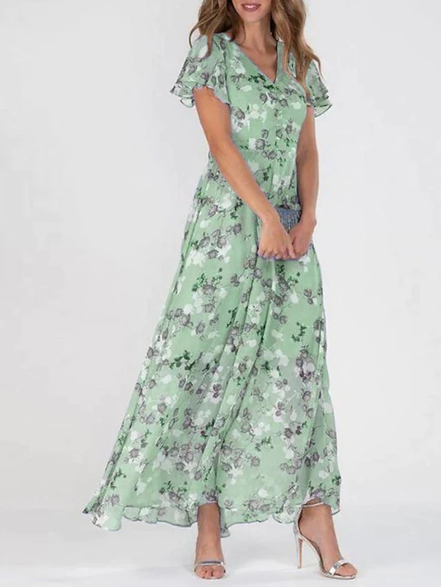 V Neck Short Sleeve Floral Maxi Dress