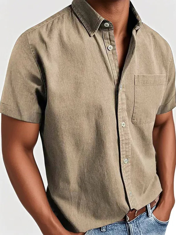 Men's Classic Vintage Washed Gentleman Casual Pocket Short Sleeve Shir