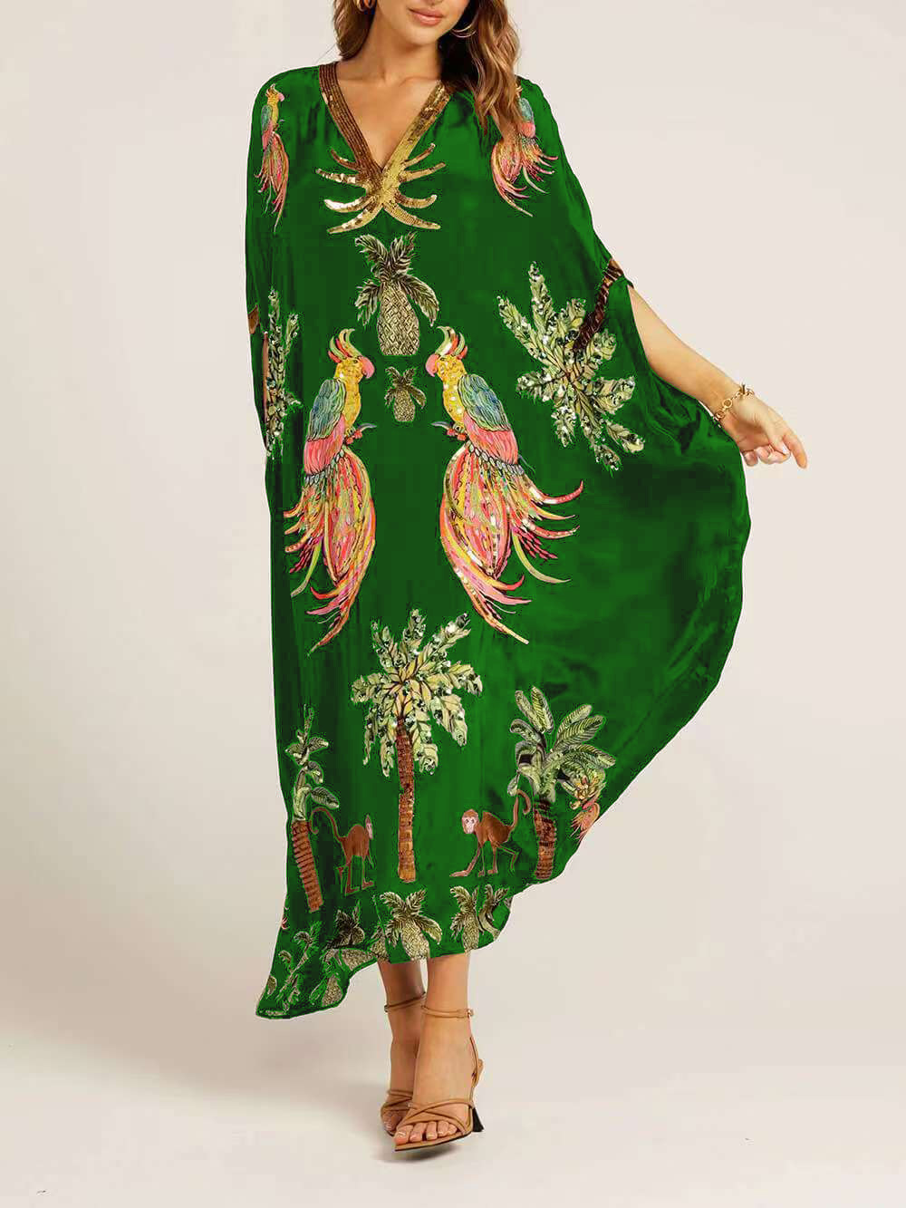 Unique Drop Shoulder Sleeve Coconut Tree Printed Dress