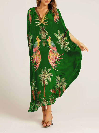 Unique Drop Shoulder Sleeve Coconut Tree Printed Dress