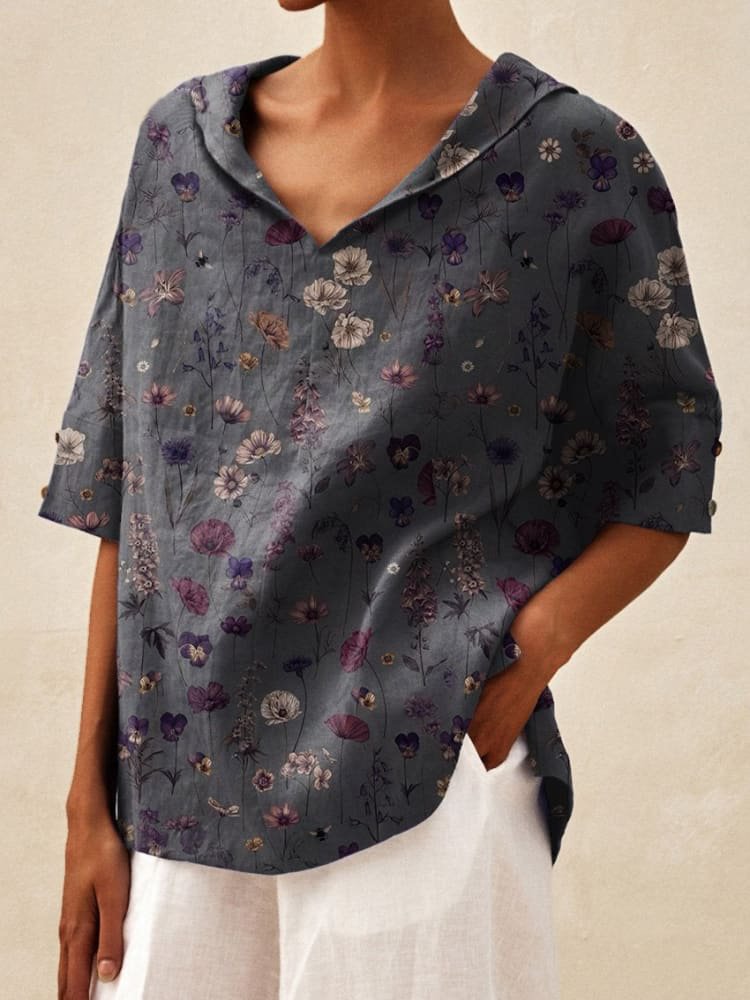 Women' Vintage Floral Art Print Casual V-neck Shirt