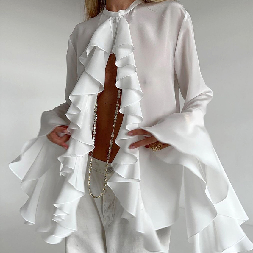 Chiffon White Ruffled Shirts For Women Flare Sleeve Oversize Laminated Flounces Elegant Blouses And Tops Spring 2024