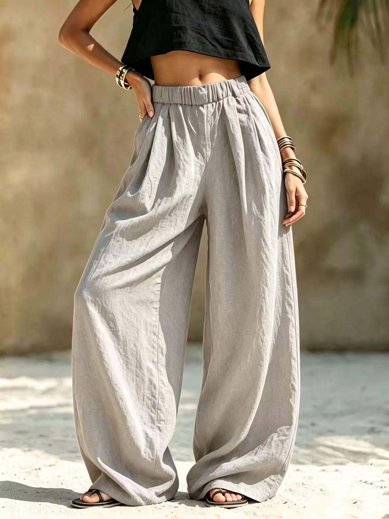 Women's Elastic High Waist Linen Wide Leg Loose Palazzo Pants