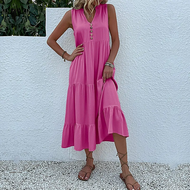 Button Detail Layered Hem Smock Dress