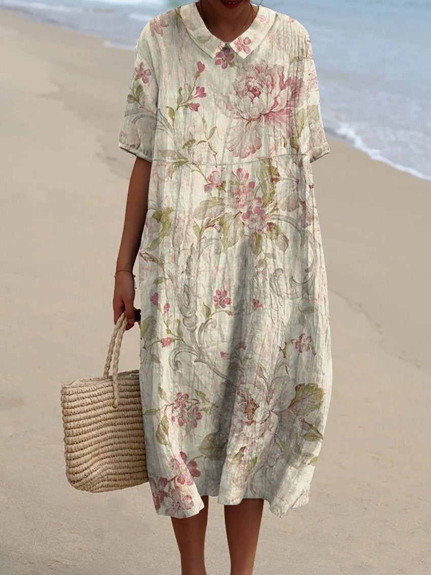 Women's Vintage Floral Art Print Pocket Linen Dress（Convertible Dress With Front And Back Option）