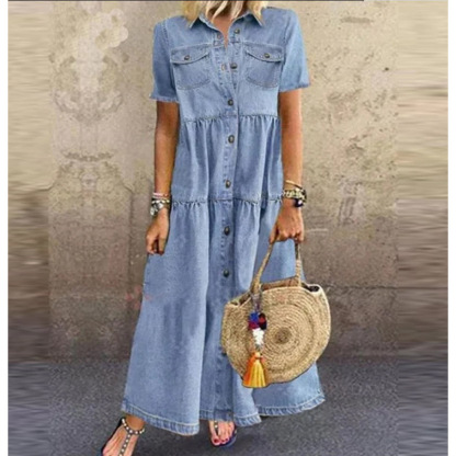 Elegant Denim Floral Print Long Dress