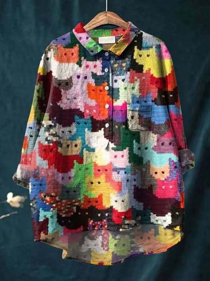 Women's Simple Colorful Flat Cat Print Casual Cotton And Linen Shirt