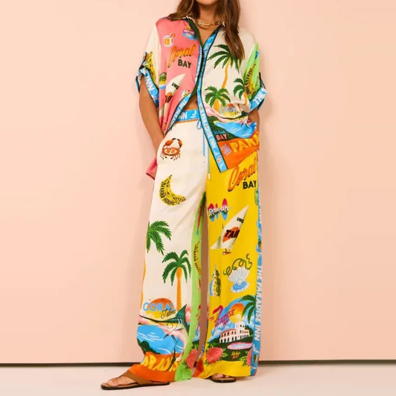 Beauty Unique Print Long Sleeve Shirt And Elastic Waist Pants Set