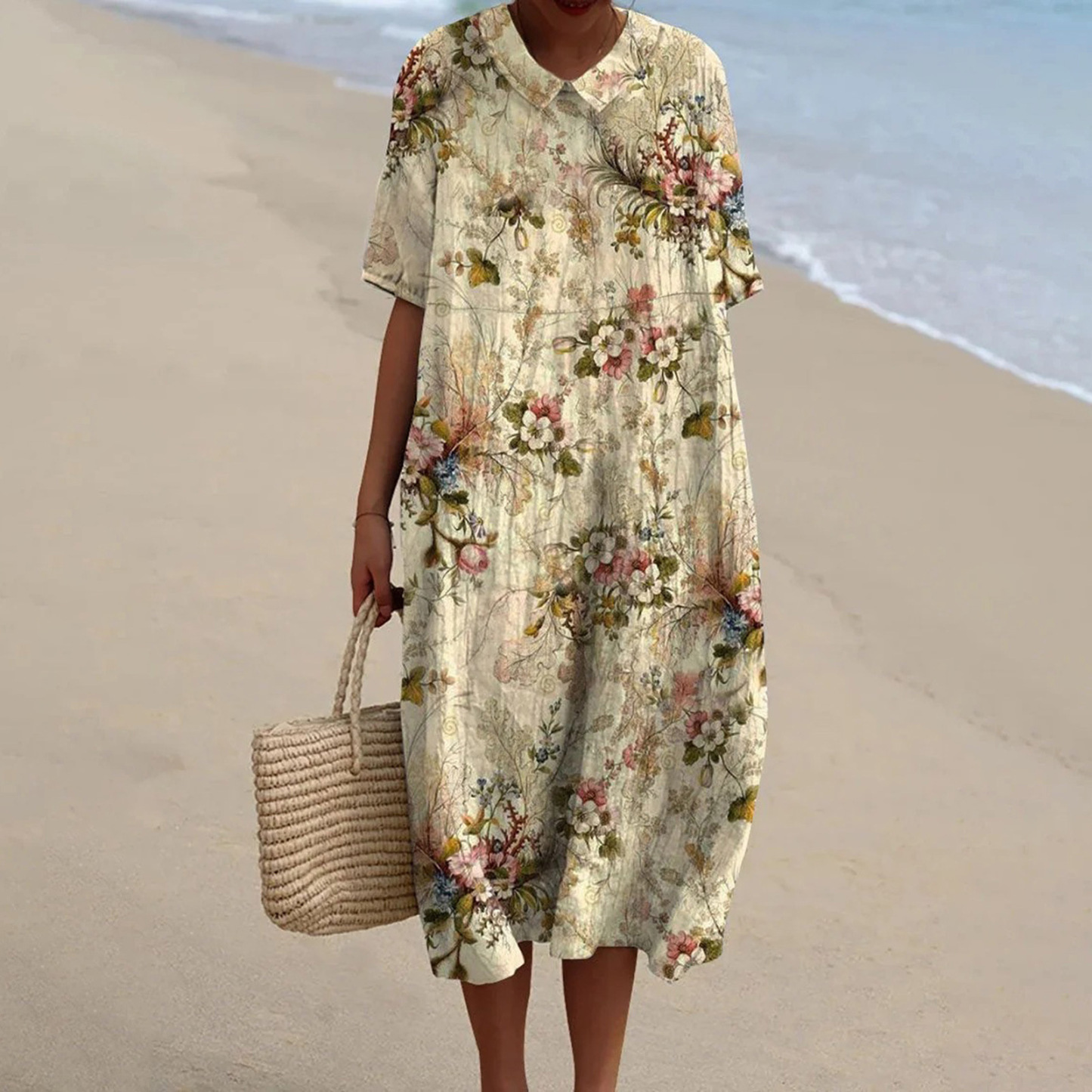 Women's Vintage Floral Art Print Pocket Linen Dress（Convertible Dress With Front And Back Option）