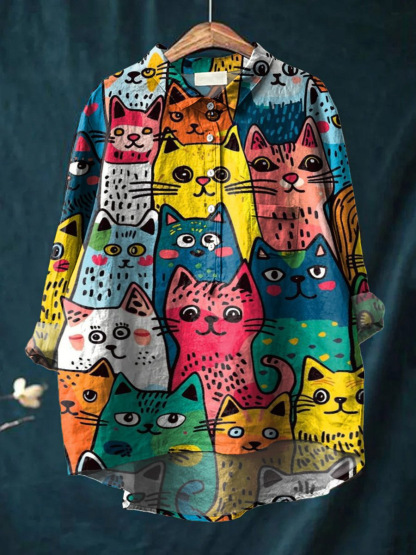 Women's Simple Colorful Flat Cat Print Casual Cotton And Linen Shirt