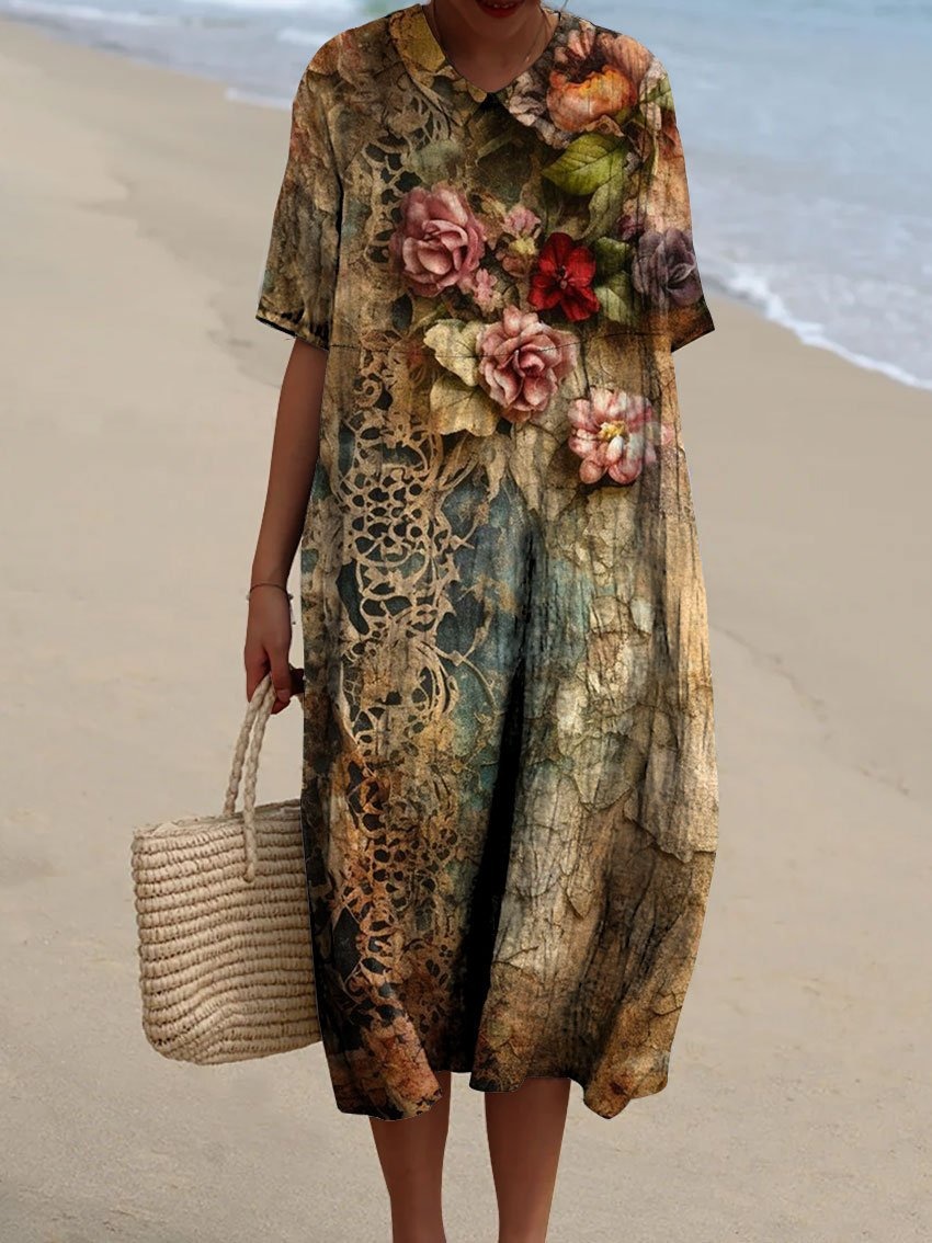 Women's Vintage Floral Art Print Pocket Linen Dress（Convertible Dress With Front And Back Option）