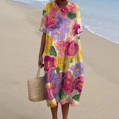 Women's Vintage Floral Art Print Pocket Linen Dress（Convertible Dress With Front And Back Option）