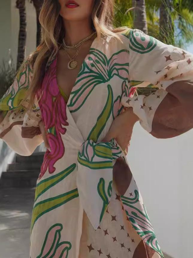 Tracey Linen Blend Unique Print Balloon Sleeve Tie-up Tunic Maxi Dress