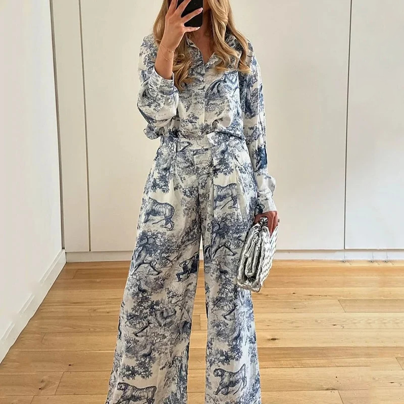 Beauty Unique Print Long Sleeve Shirt And Elastic Waist Pants Set