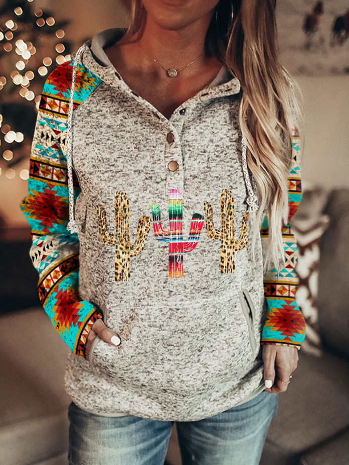 Women Retro Printed Pullover Hoodie, Casual Retro Floral Print Hooded Sweatshirt