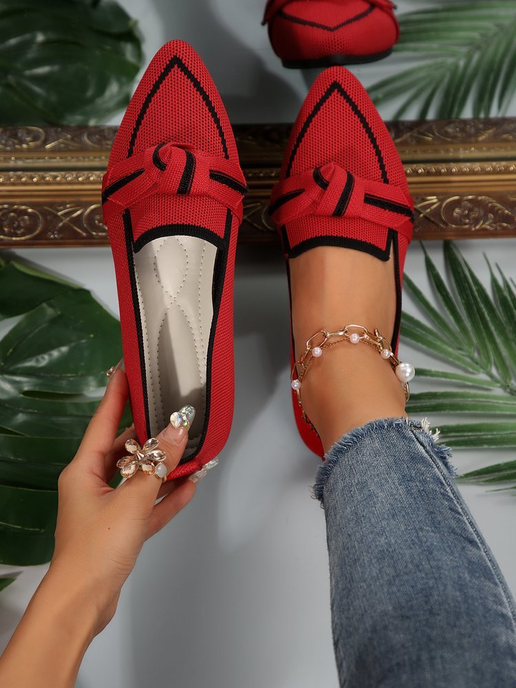 Bow Contrast Trim Point Toe Loafers