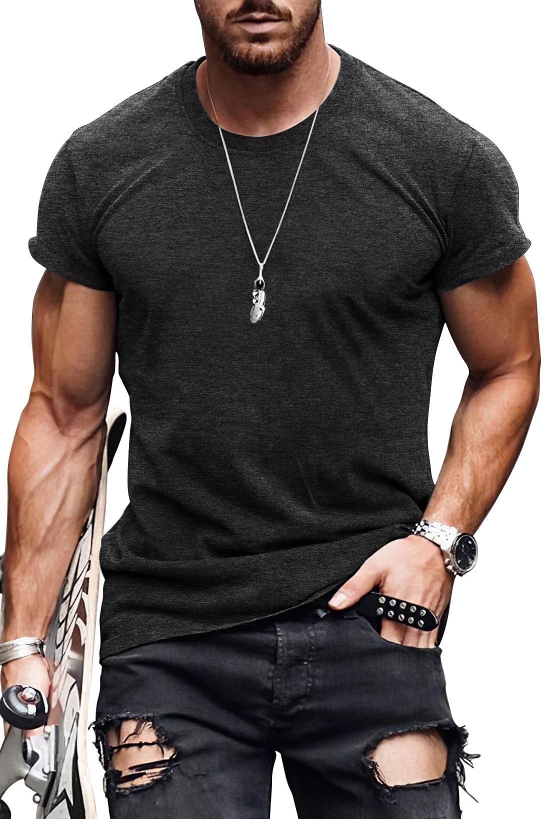 Mens Slim Fit T-shirt Bodybuilding Cotton Short Sleeve Solid Basic Fitness Tee Imily Bela