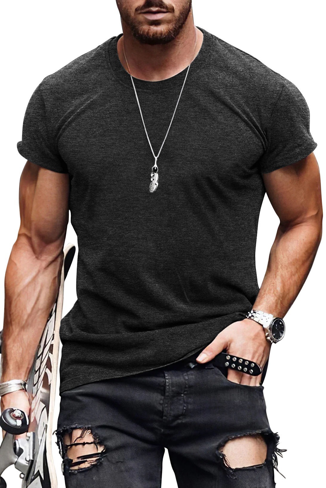Mens Slim Fit T-shirt Bodybuilding Cotton Short Sleeve Solid Basic Fitness Tee Imily Bela